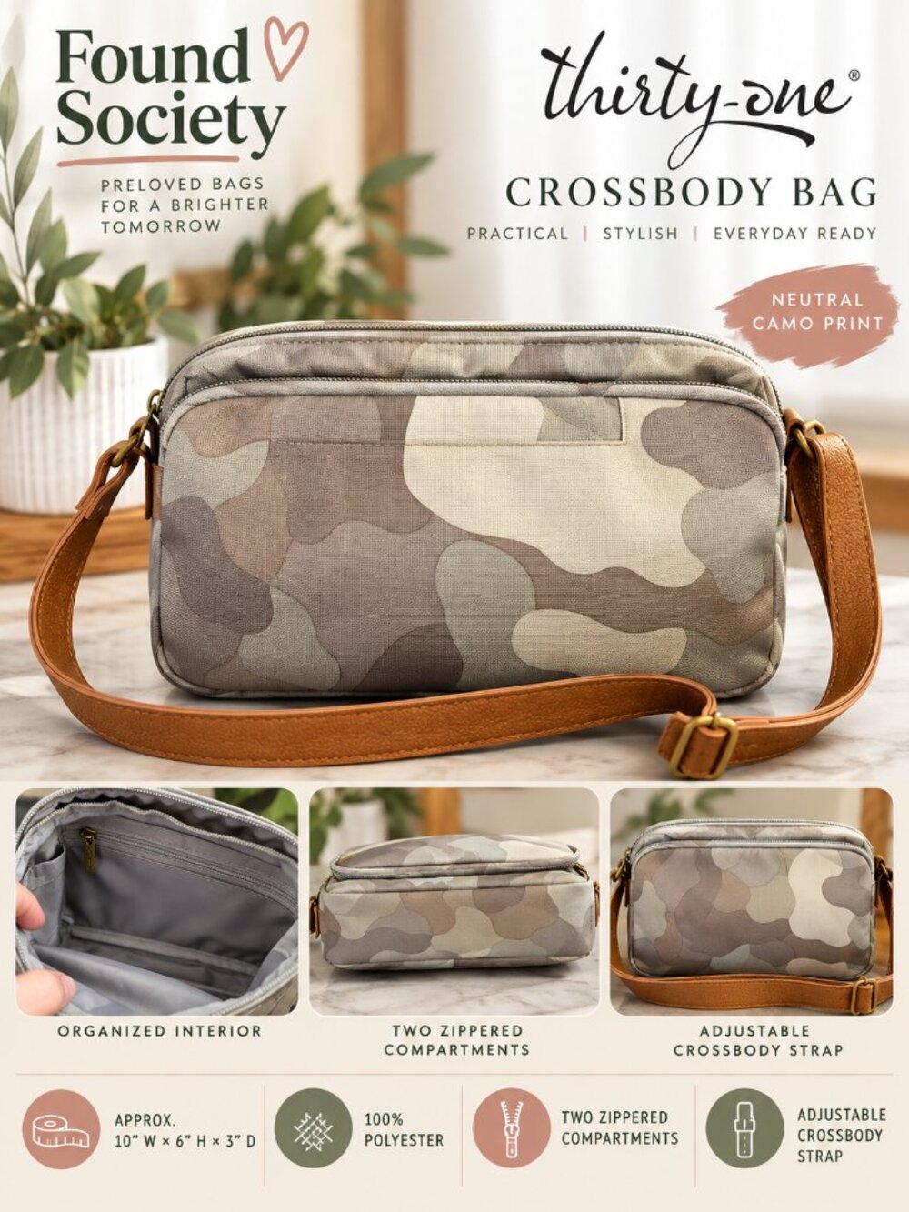 Thirty-One All Zipped Up Crossbody Soft Camo Brown Adjustable Strap